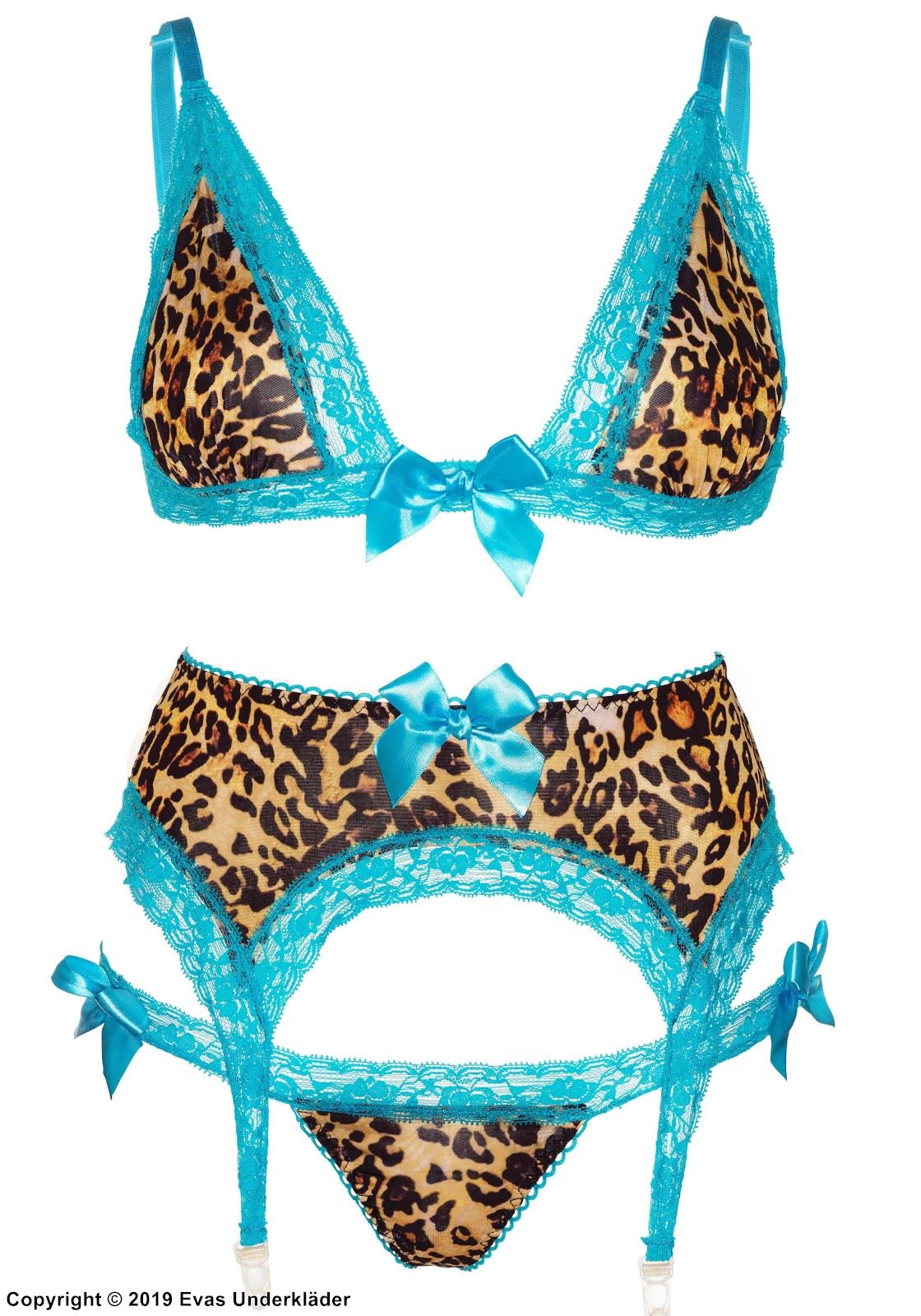 Playful lingerie set, lace trim, bows, garter belt, leopard (pattern)